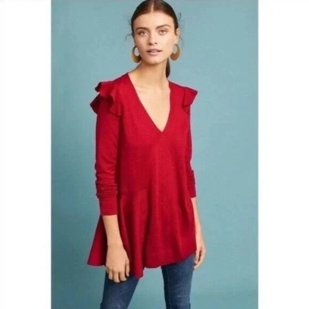 Anthropologie Moth Red Wool Ruffle Sweater, Size Medium